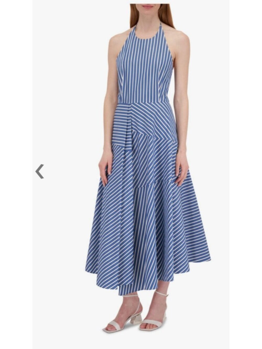 Lafayette 148 New York‎ Blue White Striped Cotton Halter Dress Sz 8 Midi Pleated